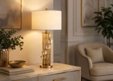 Stolna lampa fi380*650mm metal+kristal+tkanina E27-bijelo zlatna