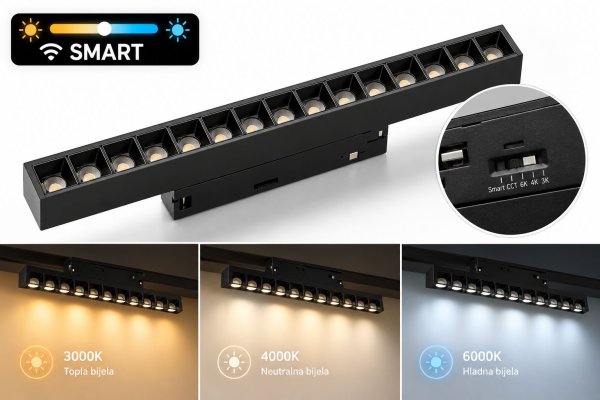 Led magnetni reflektor- ravni točkasti DIP switch 5-STEP (3cct+cct+bluetooth/dimm) 18W- crna
